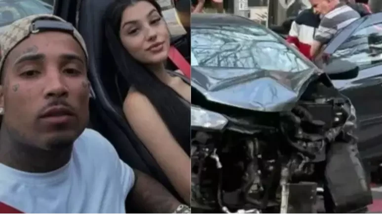 Bia Miranda e Gato Preto se envolvem em grave acidente e carro de R$ 1,5 milhão fica destruído