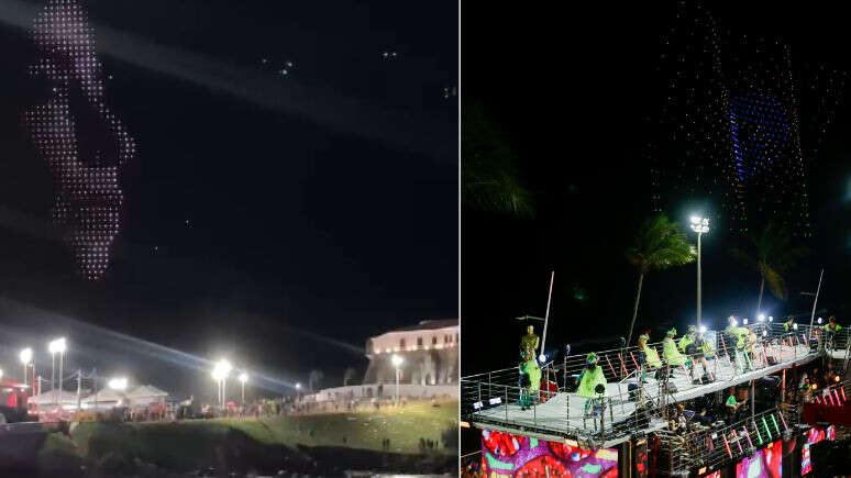 Drones coloridos projetam rosto de Fernanda Torres e bandeira do Brasil no céu do Barra-Ondina