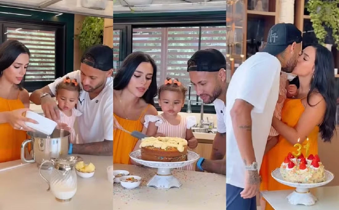 Ao lado de Mavie, Neymar faz bolo de aniversário para Bruna Biancardi; veja o vídeo