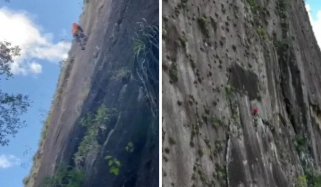 Alpinista fica suspenso a 50 metros de altura após queda em montanha