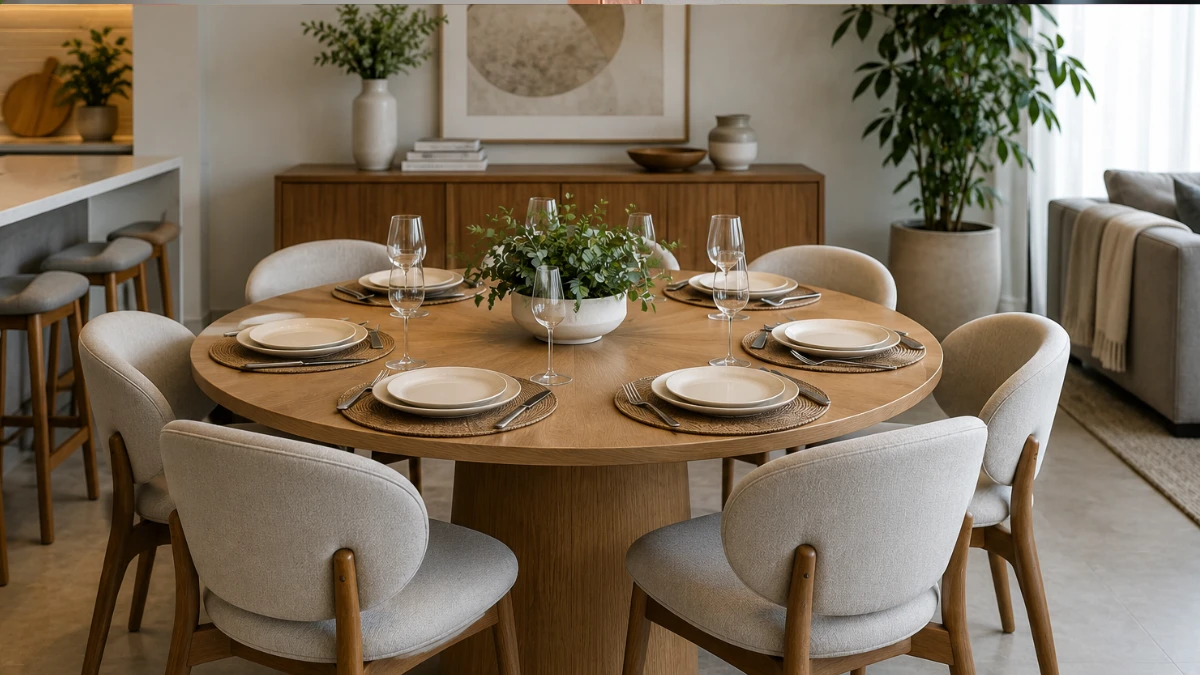 Adeus à mesa retangular: formato mais leve ganha espaço nas salas de jantar, melhoram circulação e convivência