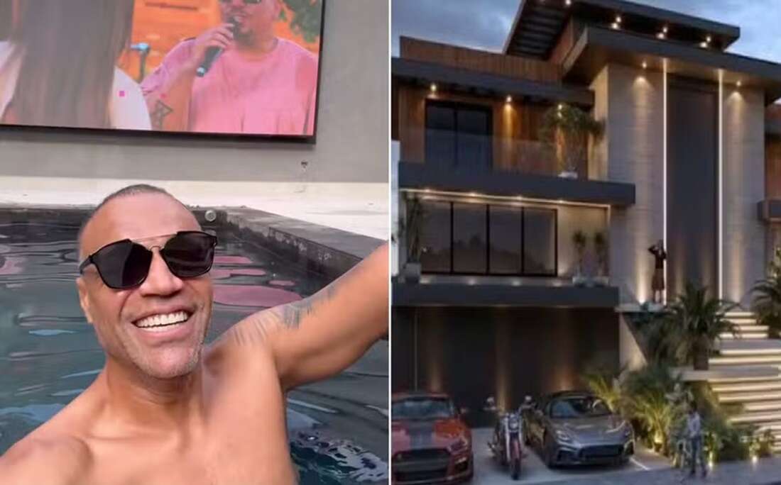 TV na piscina, porta de 6 metros e palco para shows: veja detalhes da mansão de Denilson