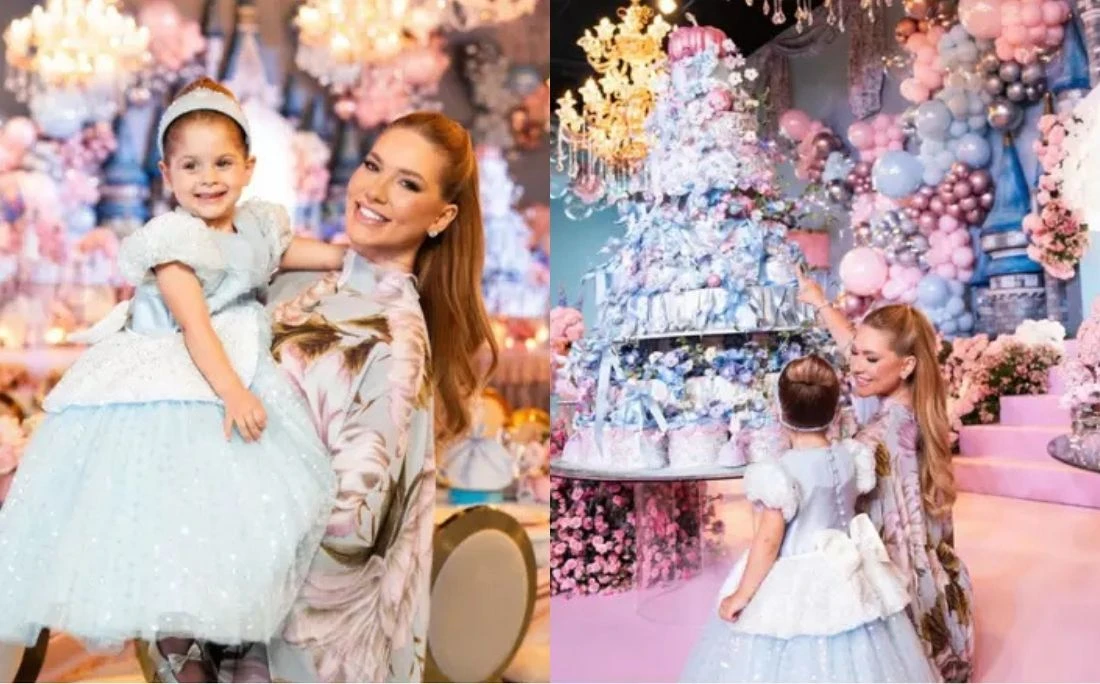 Festa de Maria Flor tem bolo com 5 mil flores de açúcar e tema da Cinderela