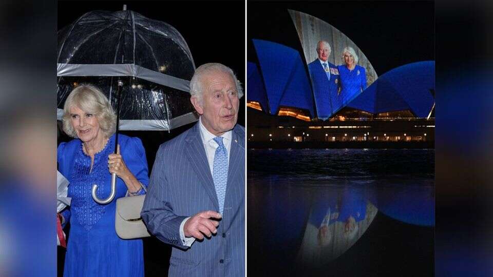 König Charles und Königin Camilla Sydney begrüßt sie mit Regen und Illumination