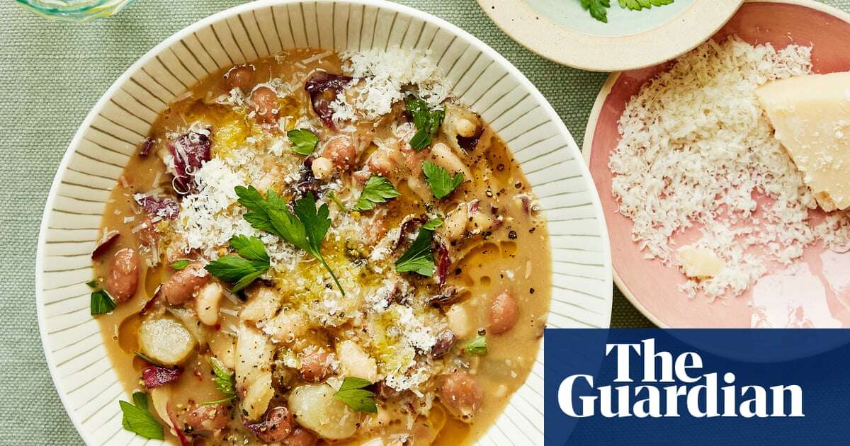 Georgina Hayden’s recipe for brothy braised chicory and beans