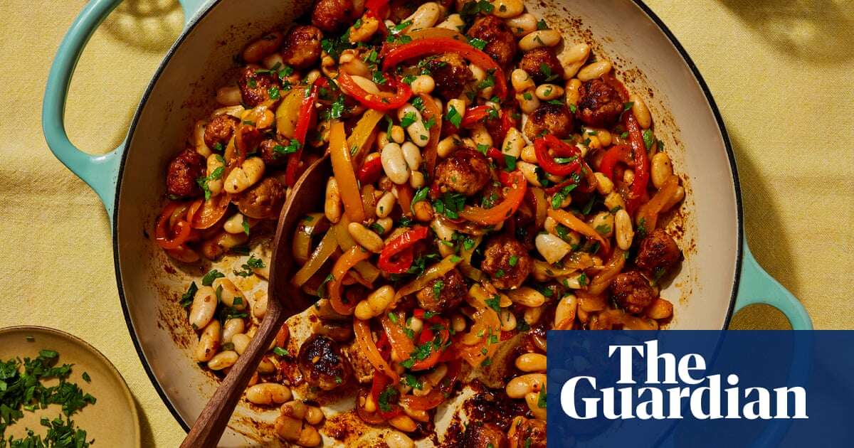 Georgina Hayden’s recipe for sausage meatballs with beans and caramelised peppers