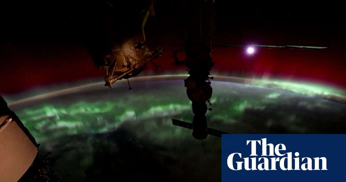 Nasa releases timelapse capturing red and green auroras over Earth – video