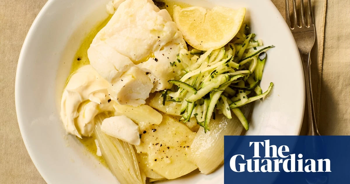 Kitty Coles’ recipes for lemon- and oil-poached fish and cucumber and yoghurt salad