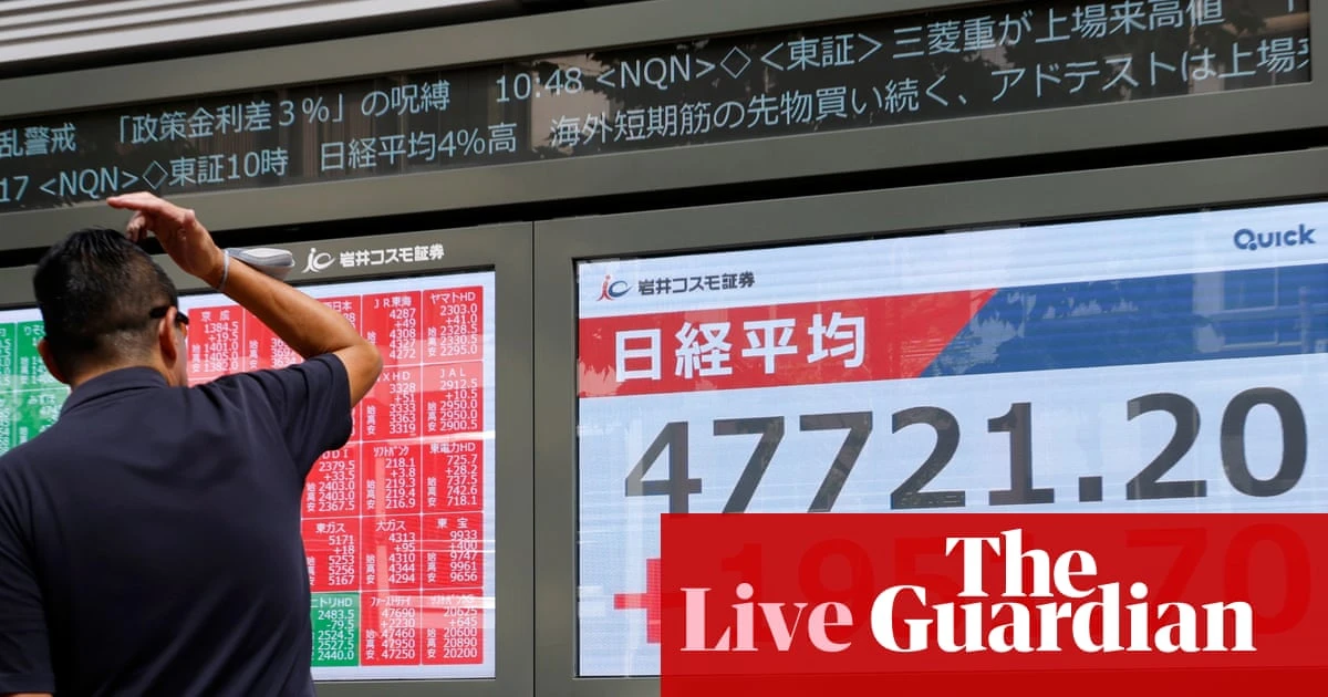 Yen slumps and Nikkei hits record after Sanae Takaichi wins Japan’s ruling party election; gold nears $4,000 as rally continues – business live