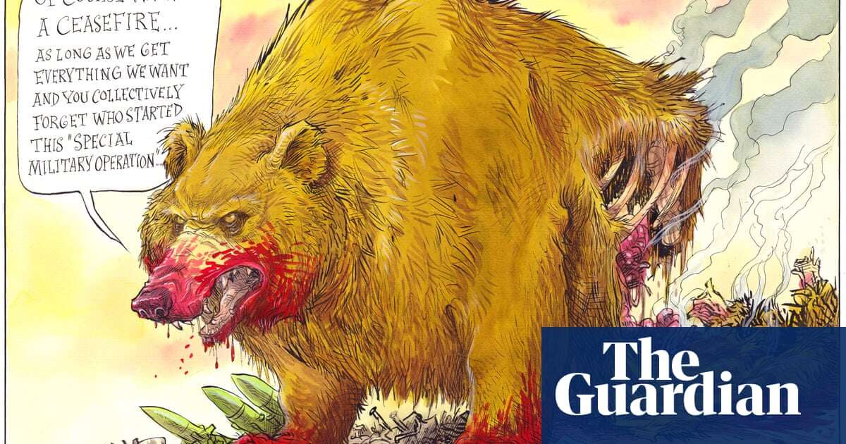 Chris Riddell on ceasefire negotiations: Putin’s all for it as long as Russia’s bear isn’t muzzled – Cartoon