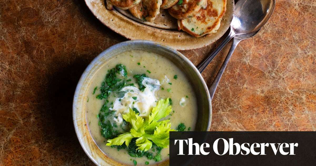 Nigel Slater’s recipes for celery soup with thyme and parsley, and potato pancakes