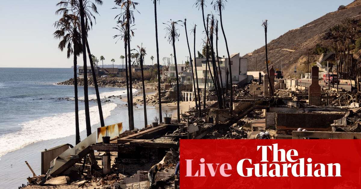 LA fires live: risk of ‘rapid fire spread’ as near hurricane-force winds forecast in some areas