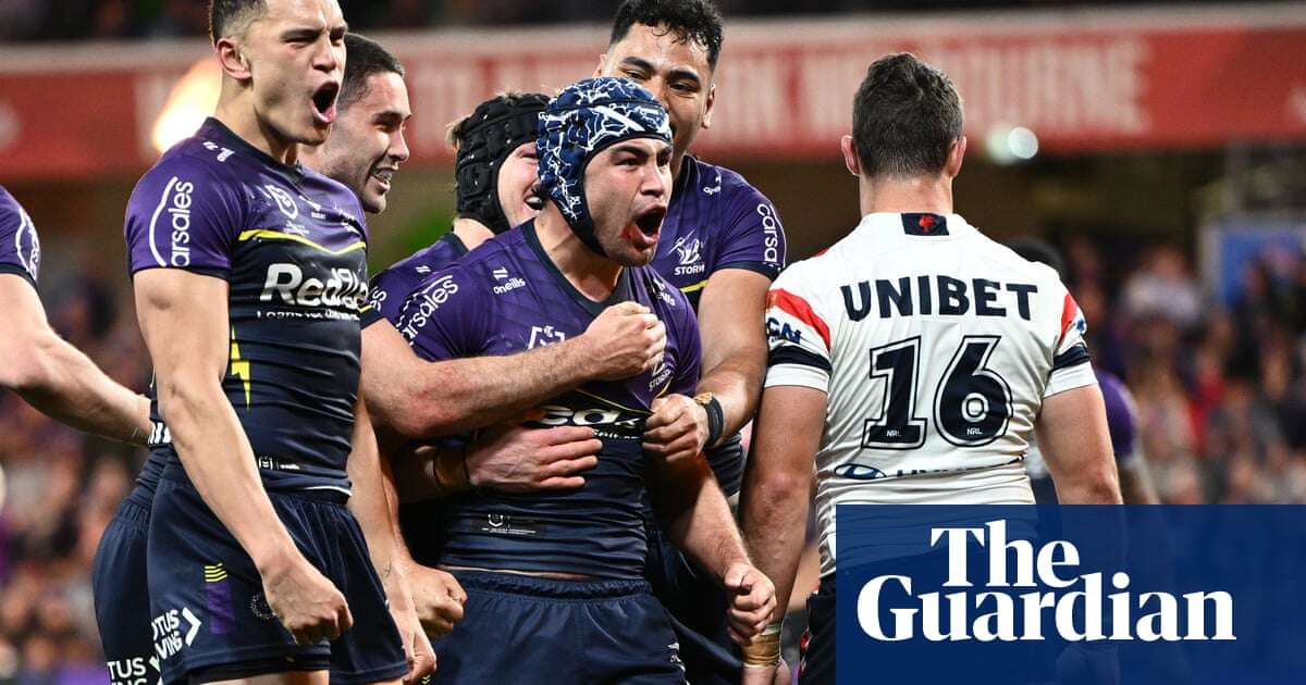 Jahrome Hughes leads way with hat-trick as Storm crush Roosters to reach NRL grand final