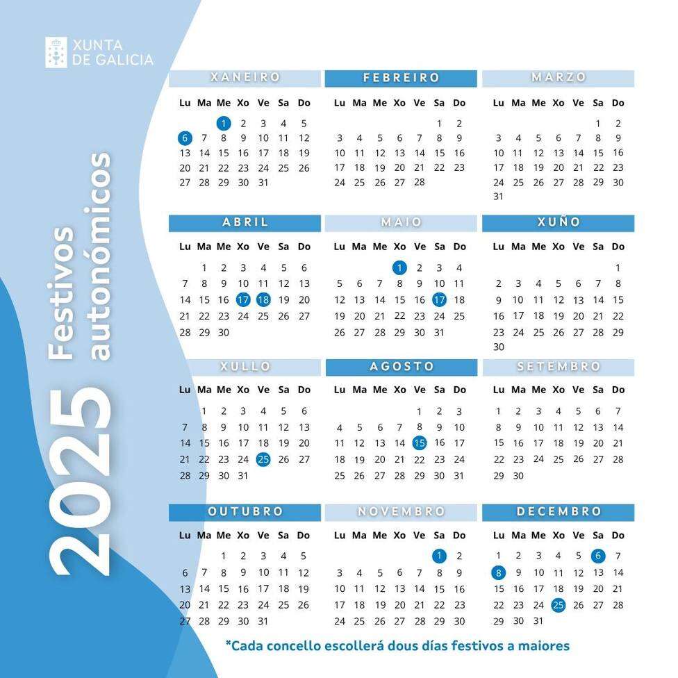 A Xunta publica o calendario laboral para 2025 e fixa como festivos propios o 17 de maio e o 25 de xullo