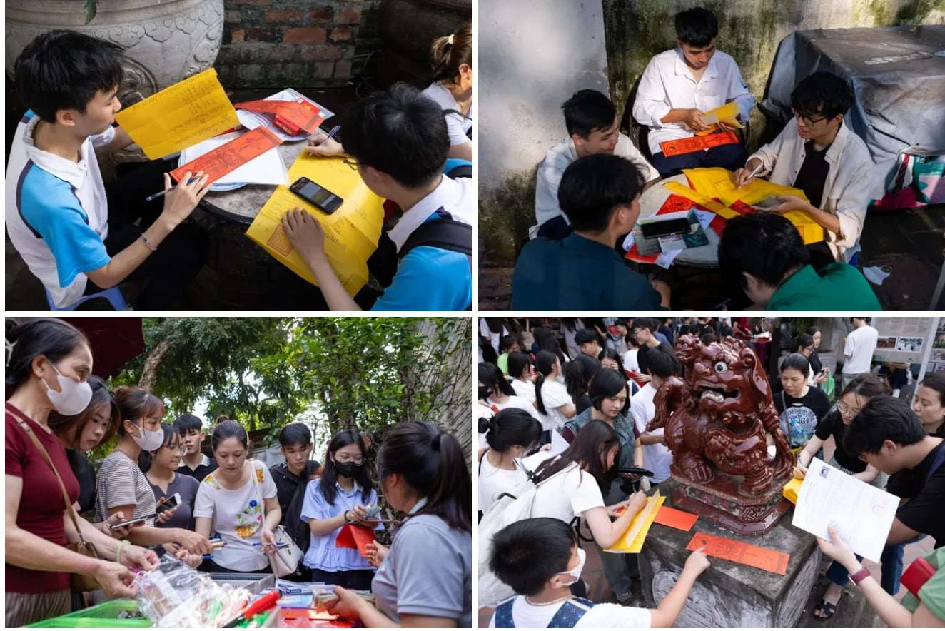 Sĩ tử tấp nập đến trường đại học đầu tiên ở Việt Nam để cầu may trước kỳ thi tốt nghiệp