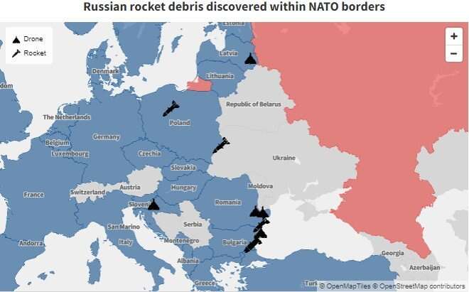 Bản đồ hé lộ hàng chục lần tên lửa và UAV Nga bay vào lãnh thổ NATO