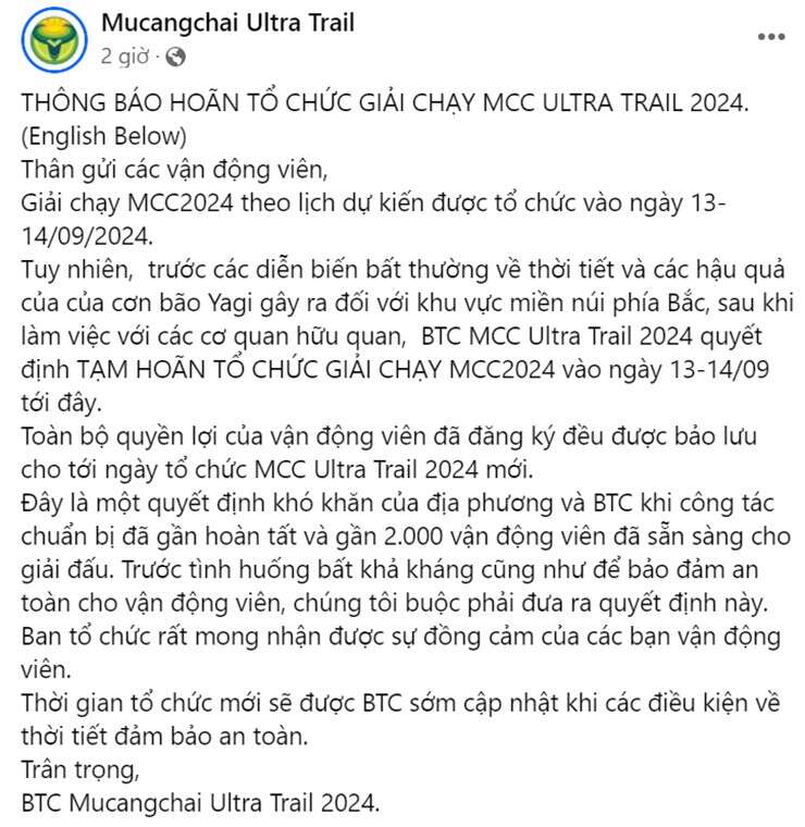 Giải chạy Mù Cang Chải Ultra Trail bị hoãn vì diễn biến bất thường thời tiết