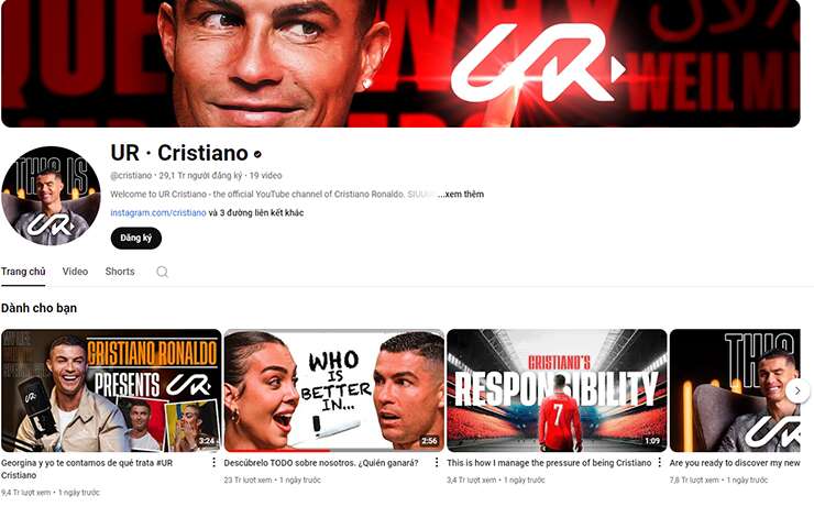 Chỉ sau 1 đêm Youtube của Ronaldo lại tăng chóng mặt, sắp đút túi bộn tiền