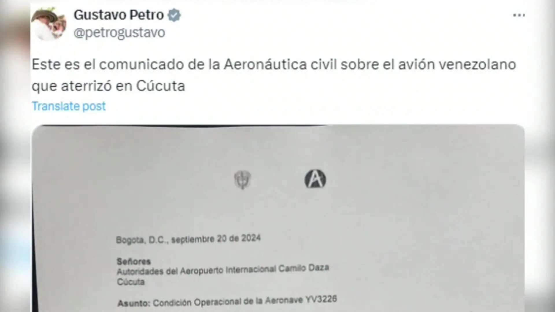 Un avión oficial venezolano aterriza de emergencia en la ciudad colombiana de Cúcuta