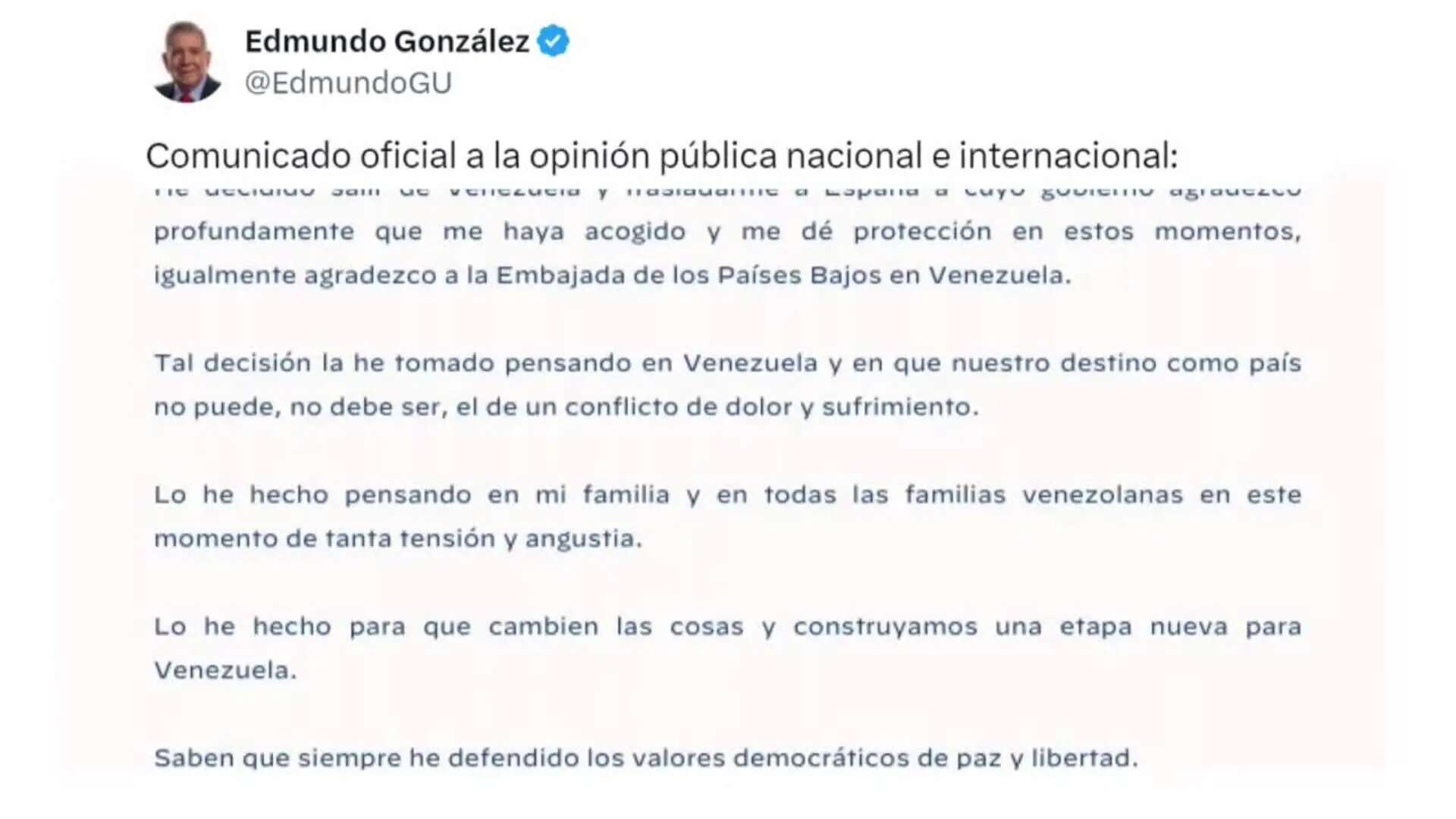 Edmundo González dice que abandonó Venezuela para evitar 