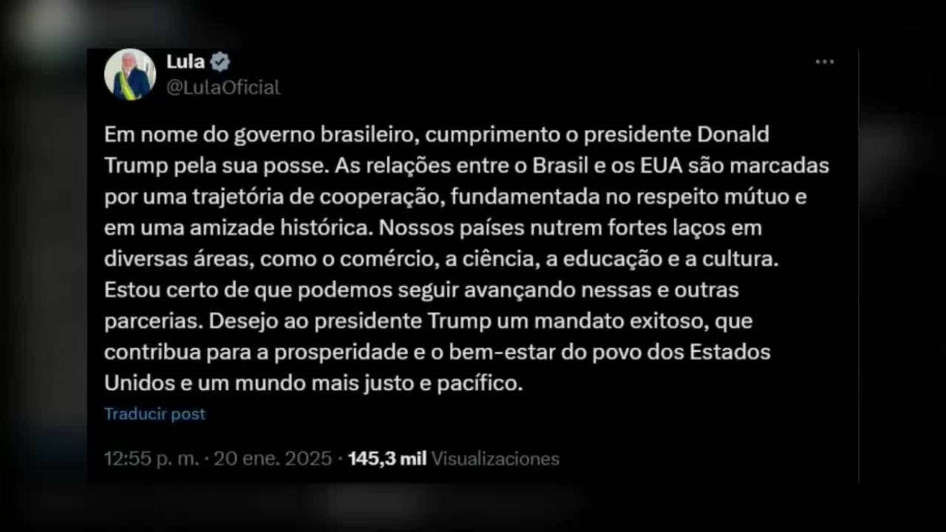 Lula desea a Trump un mandato 