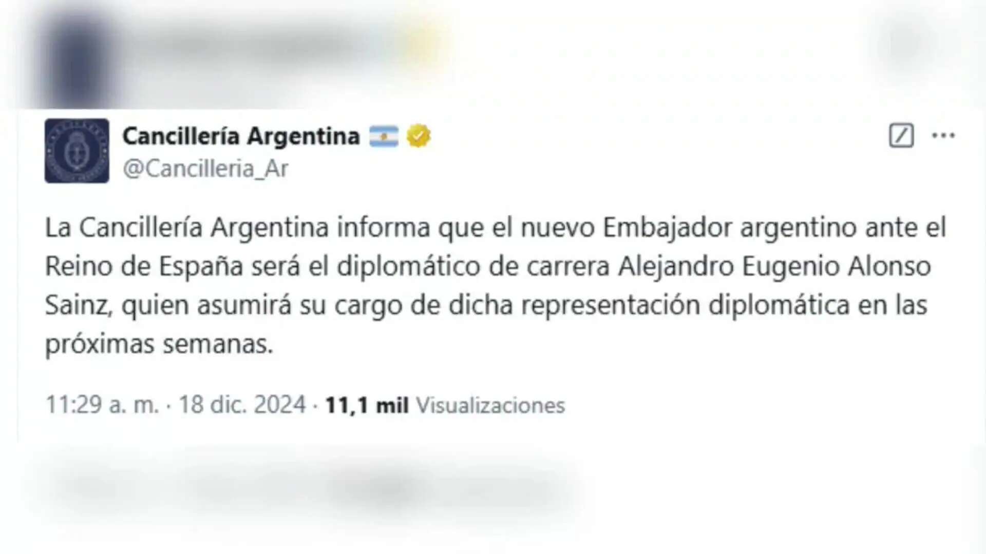 Argentina nombra a Alejandro Eugenio Alonso Sainz como nuevo embajador en España