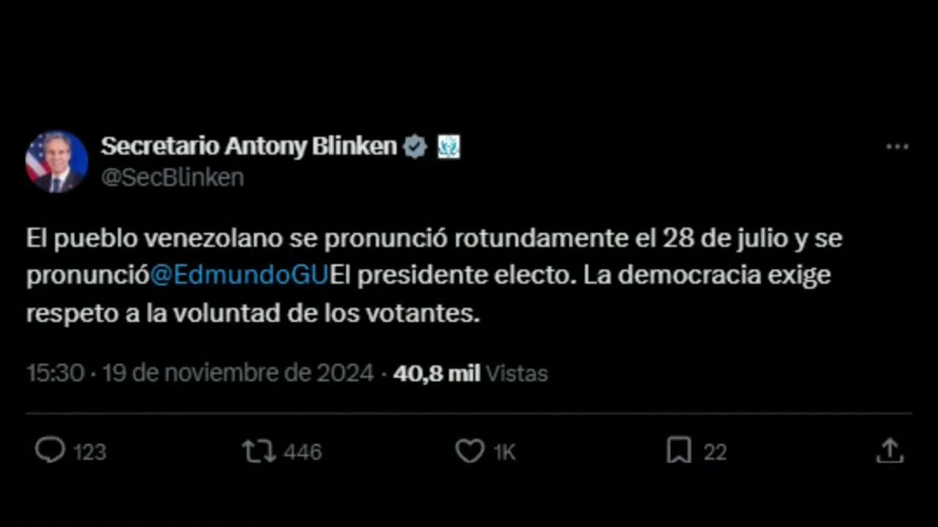 EE.UU. reconoce a Edmundo González Urrutia como presidente electo de Venezuela