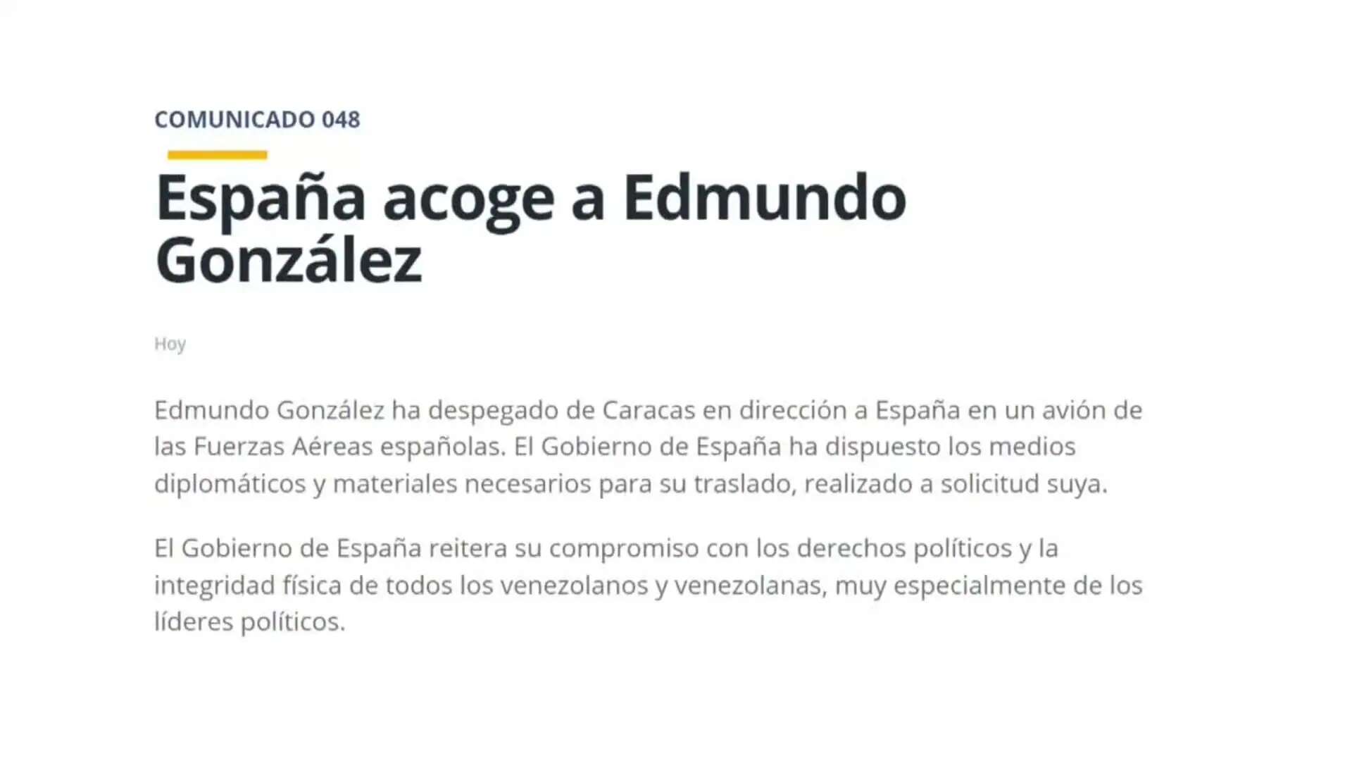 Edmundo González viaja hacia España por vía aérea ha confirmado José Manuel Albares