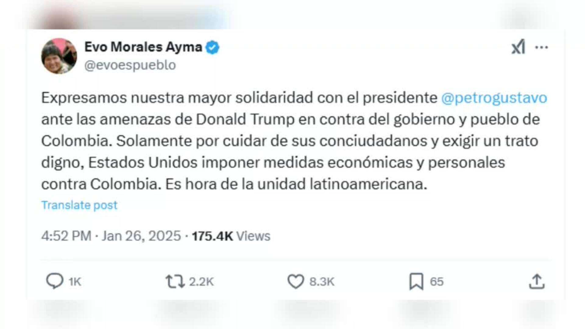 Evo Morales expresa su solidaridad a Petro ante sanciones impuestas por Trump a Colombia