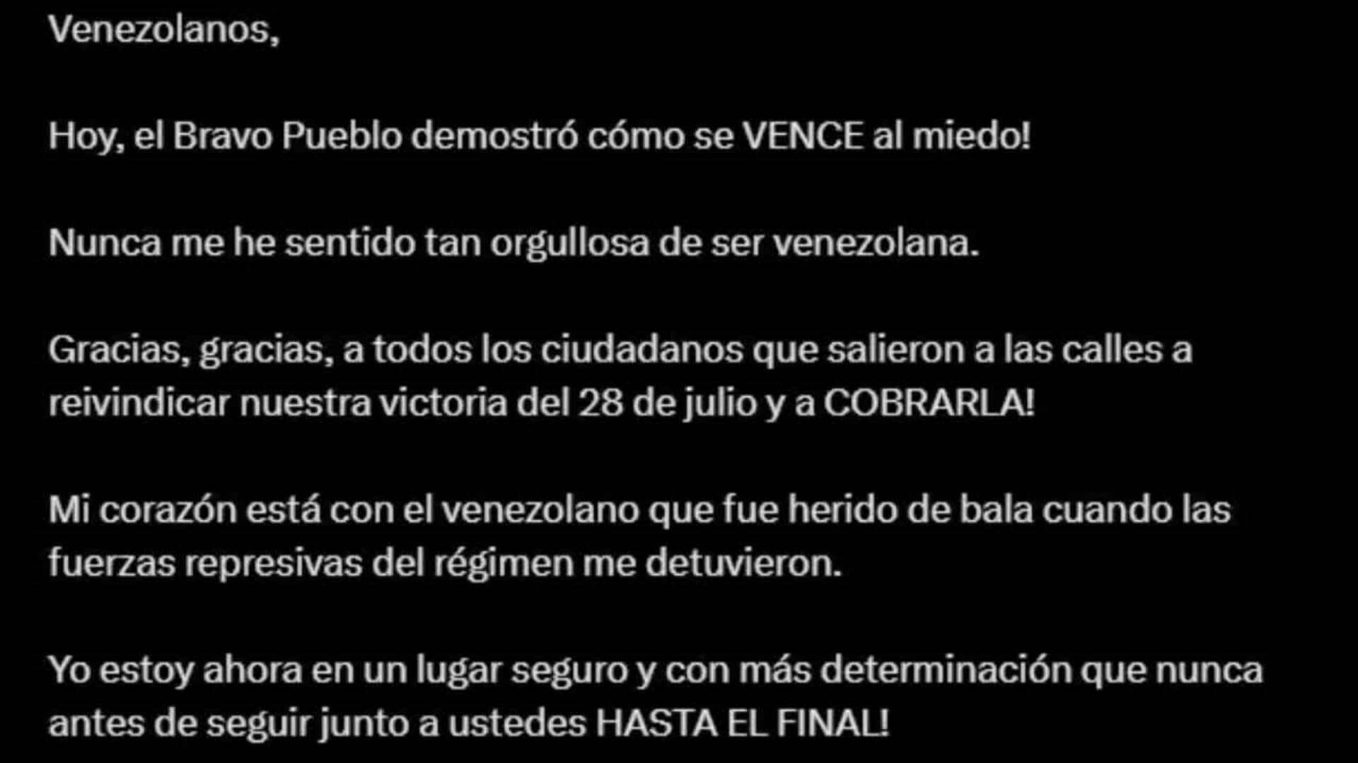 María Corina Machado dice que está en un 