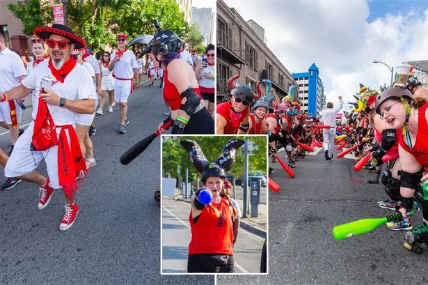 US 'bull run' sees cattle swapped for naughty roller derby girls spanking people