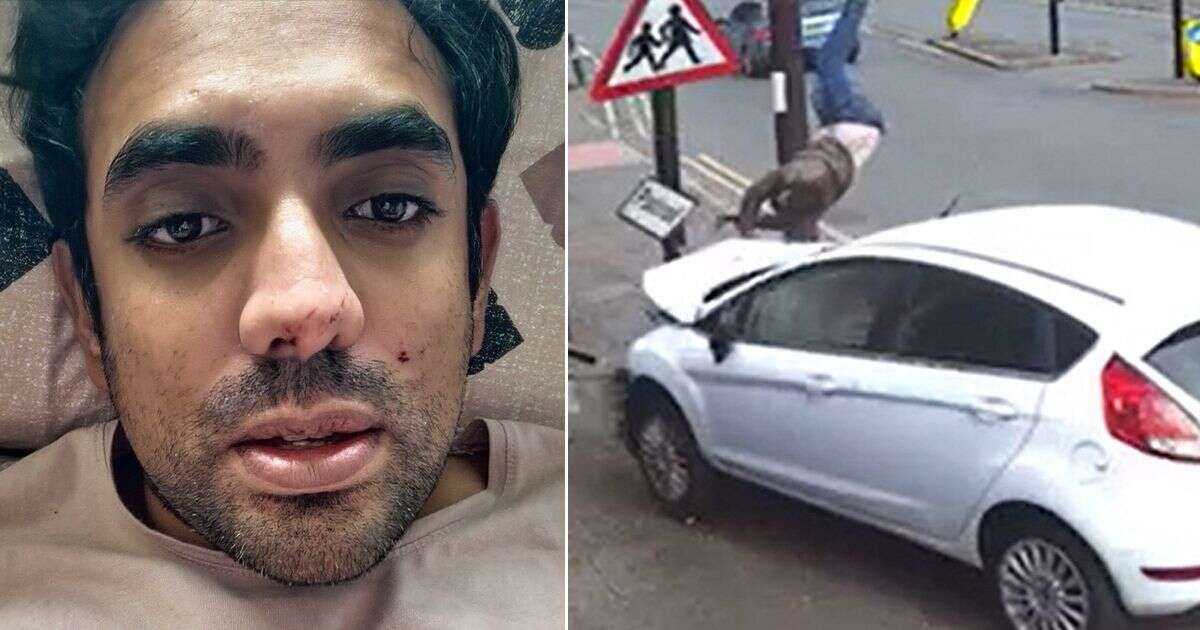 Shocking moment man jumps to avoid impact as Ford Fiesta careers onto pavement