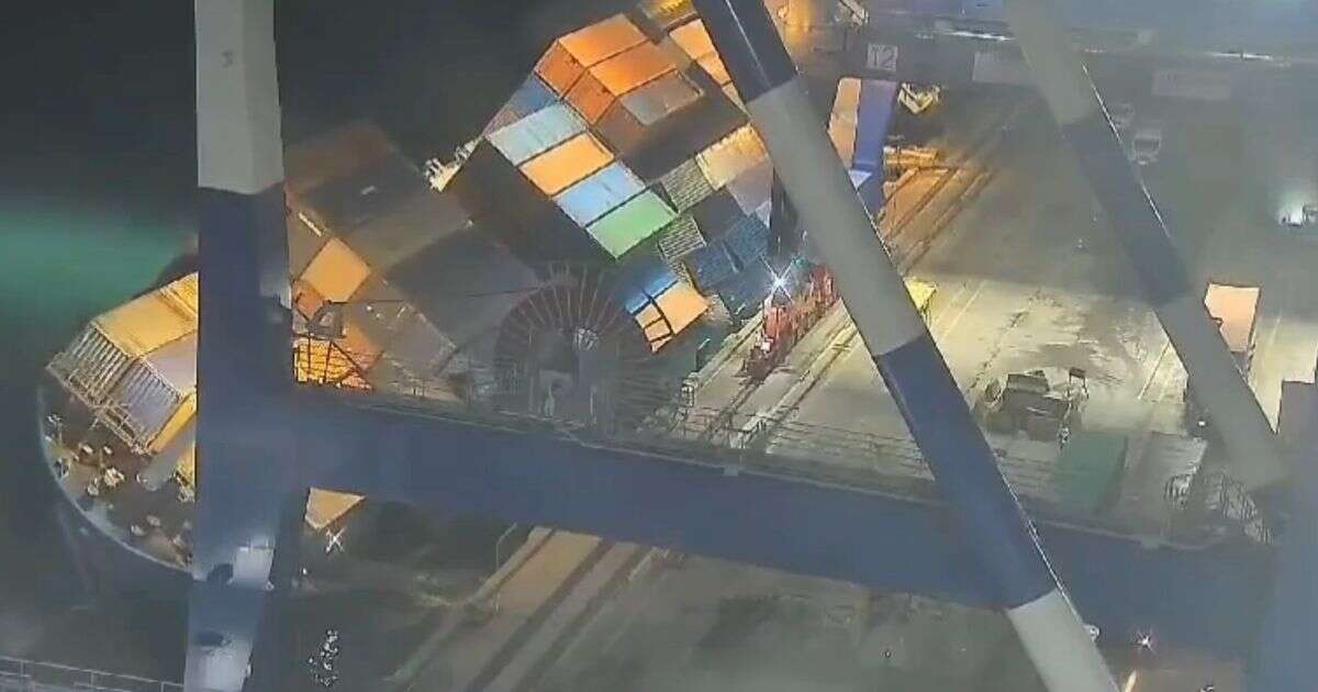 Crew miraculously escape capsized cargo ship as giant containers plummet into the sea