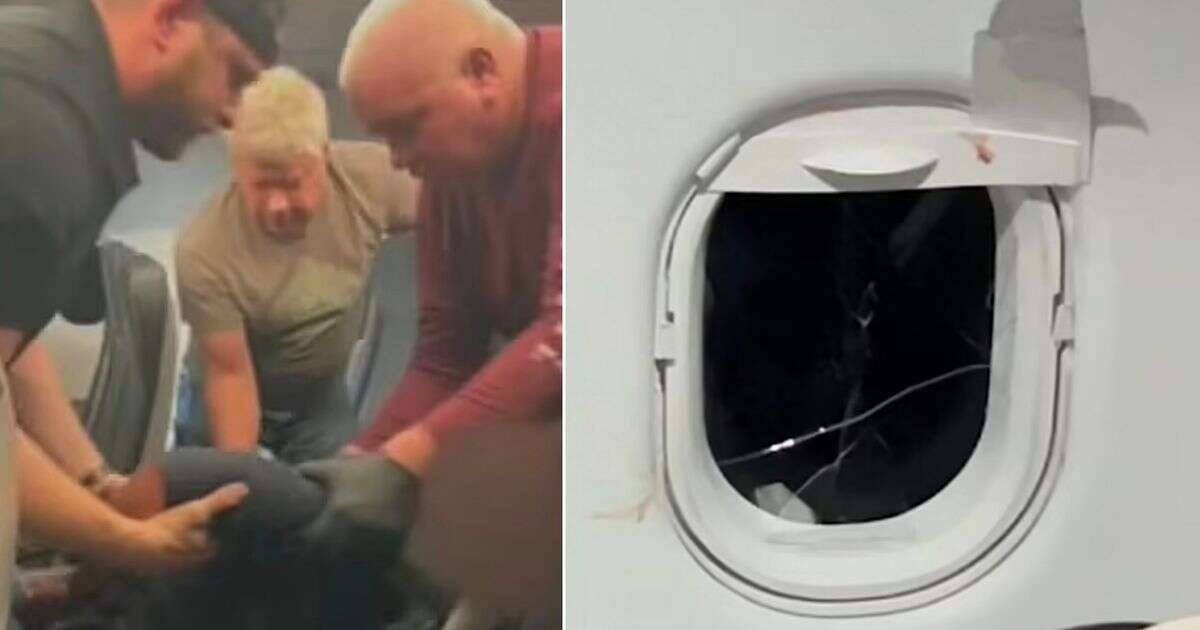 Chaos as Frontier Airlines passengers tie screaming man to seat who punched out window