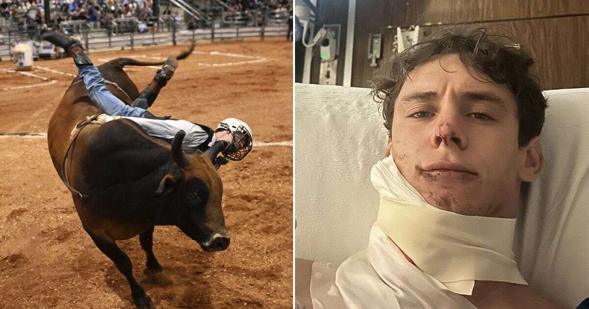 Horror moment rodeo rider almost bleeds to death after being gored in the neck by bull