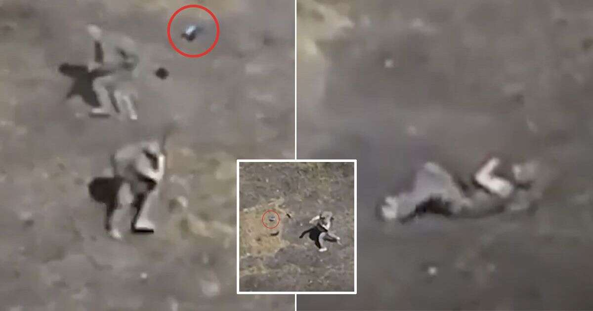 Moment Russian soldier hurls machine gun at killer drone triggering explosion