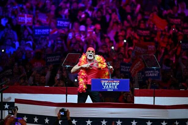 Hulk Hogan dubbed 'joke' as he struggles to rip off t-shirt during Donald Trump rally