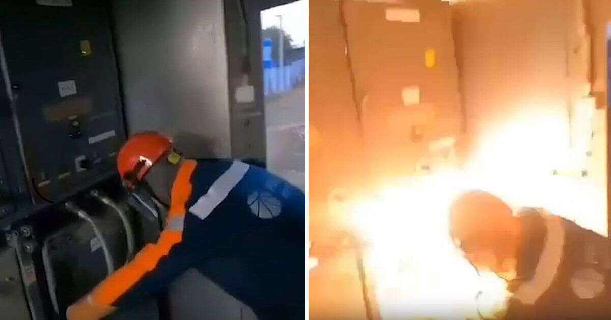 Chilling moment electrician hit in face by huge flame as he repairs power station