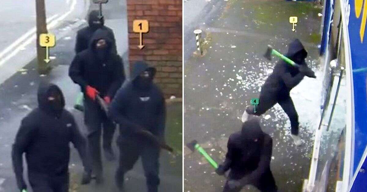 Moment gang of thugs smash their way into shop using axes before firing shotgun at staff