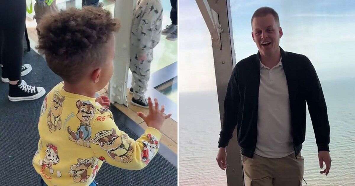 Adorable moment toddler 'tries to save' dad from falling through glass walkway