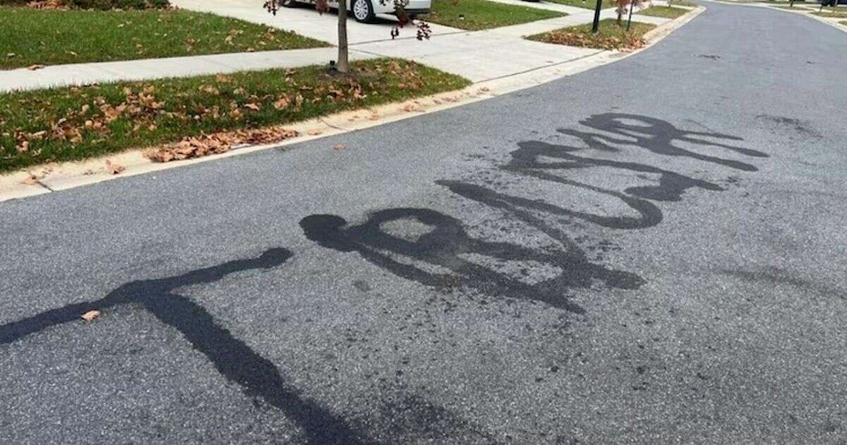 Man bizarrely uses flamethrower to burn the words 'Trump' and 'USA' onto road