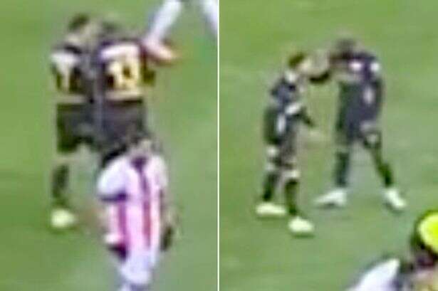 Footballer sent off after he decided to slap his own team-mate in odd scenes