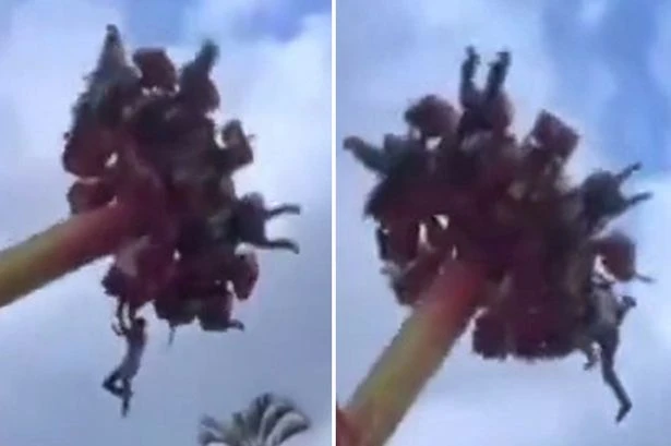 Moment teenager is seriously injured after being thrown from pendulum ride at theme park