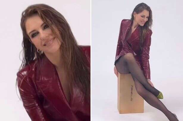 Liz Hurley sizzles in PVC blazer as she shows off endless legs in sheer tights