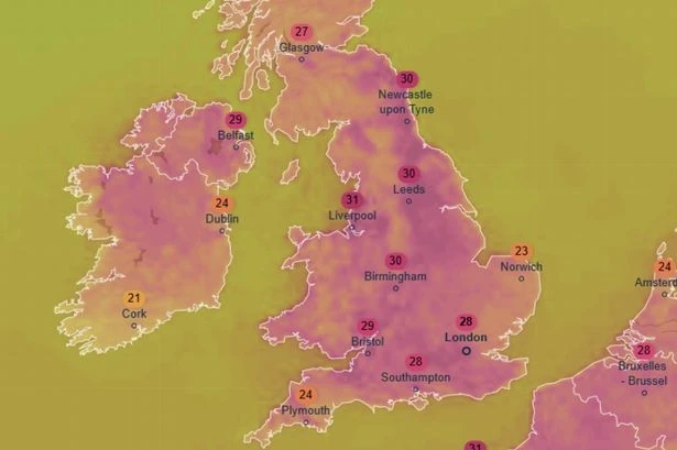 UK weather maps turn deep purple as 300-mile 30C plume forecast today