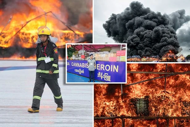 Multi-million-pound piles of drugs go up in flames as Myanmar police celebrate in smoke