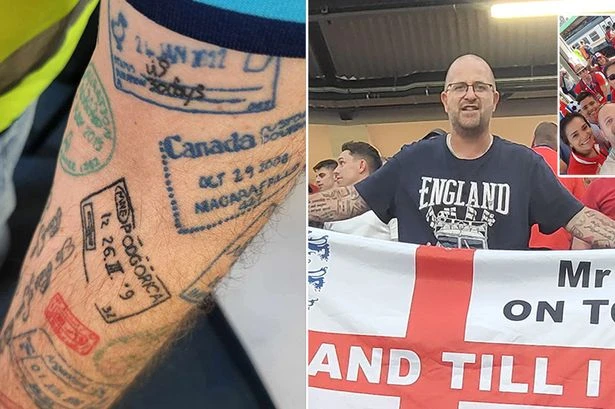 England fan has 30 passport stamp tattoos from cheering on Three Lions across globe
