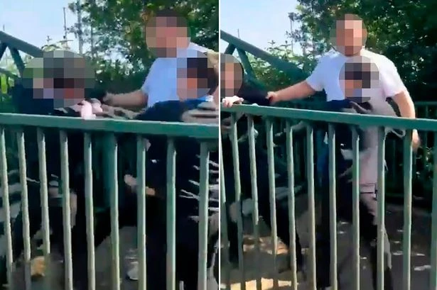 Man retrains young boy while youngsters line up to batter him one by one in horror video