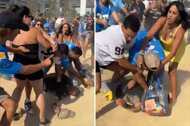 Ugly NFL brawl sees woman body-slammed as thicko LA Raiders fans turn on themselves