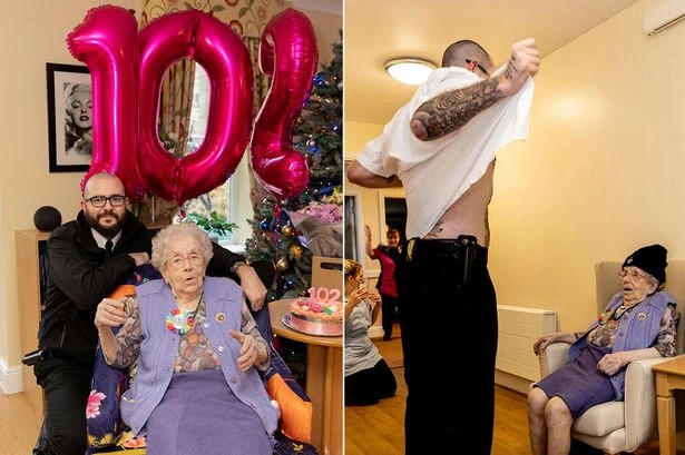 Pensioner has strip tease from hunk in care home to celebrate turning 102